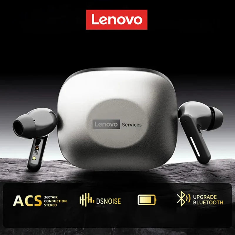 Silver lenovo le209 wireless bluetooth earphone anc earbuds with black stems and intelligent noise reduction in metallic finish