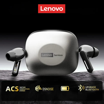Silver lenovo le209 wireless bluetooth earphone anc earbuds with black stems and intelligent noise reduction in metallic finish