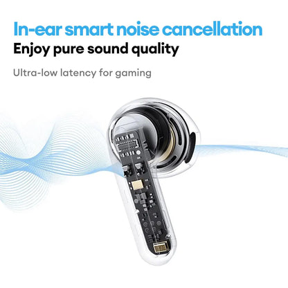 Transparent lenovo le209 wireless in-ear earbud with visible circuitry and intelligent noise reduction bluetooth earphone anc