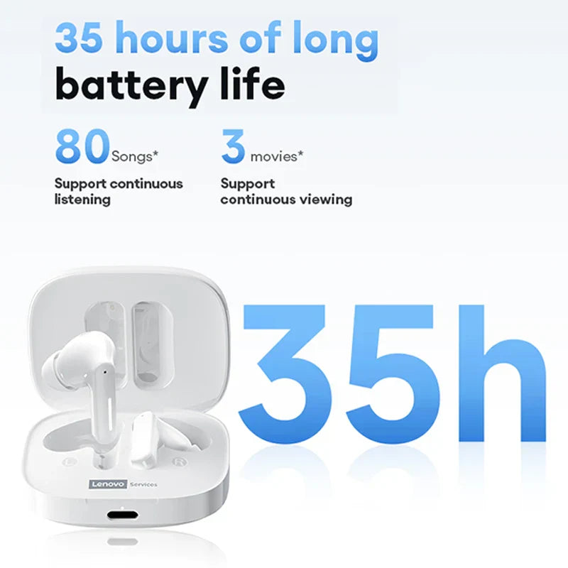 White lenovo le209 wireless bluetooth earphone anc with intelligent noise reduction in matching white charging case