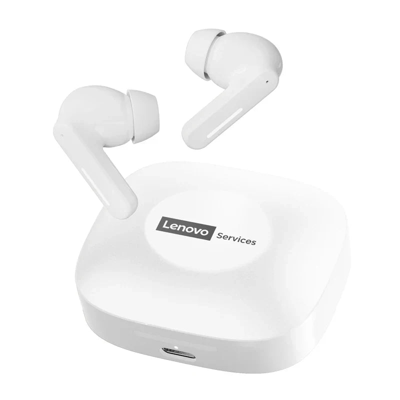 White lenovo le209 wireless bluetooth earphone anc earbuds with intelligent noise reduction and matching charging case