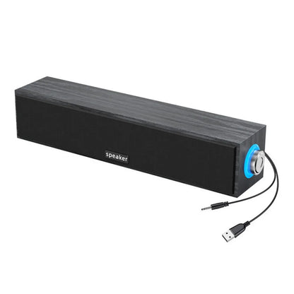 Black rectangular wooden long strip speaker with usb wired bluetooth dual connectivity and blue volume knob