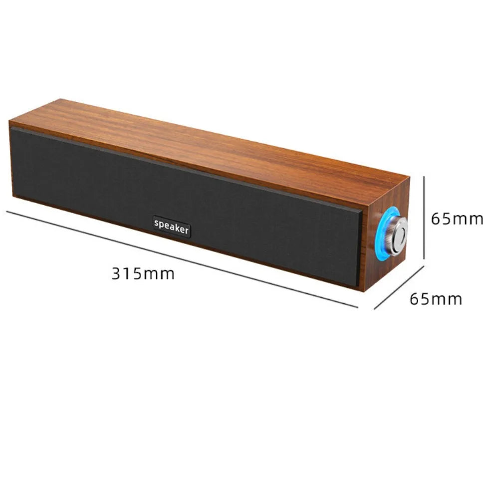 Wooden finish rectangular usb wired bluetooth dual speaker with black grille and blue accent control knob for desktop use