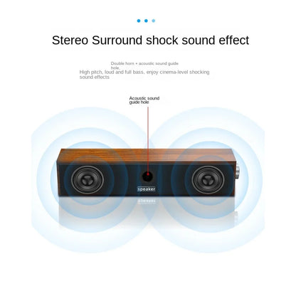 Wood-grain finished wooden small stereo speaker with black front panel and dual circular drivers for desktop use