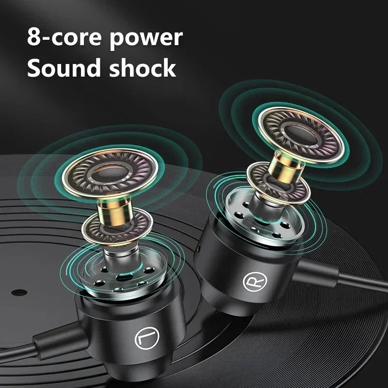 Black magnetic wired game headphones with gold driver units featuring jack hiif bass and aux type-c earphone design