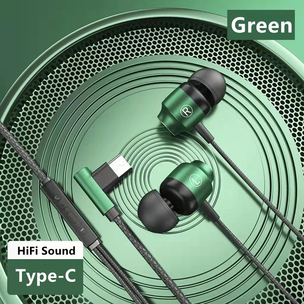 Green magnetic wired game headphone with black ear tips braided cable and integrated aux type-c earphone charging port