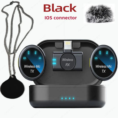 Black magnetic wireless lavalier microphone noise canceling system with two transmitters and oval charging case with blue leds