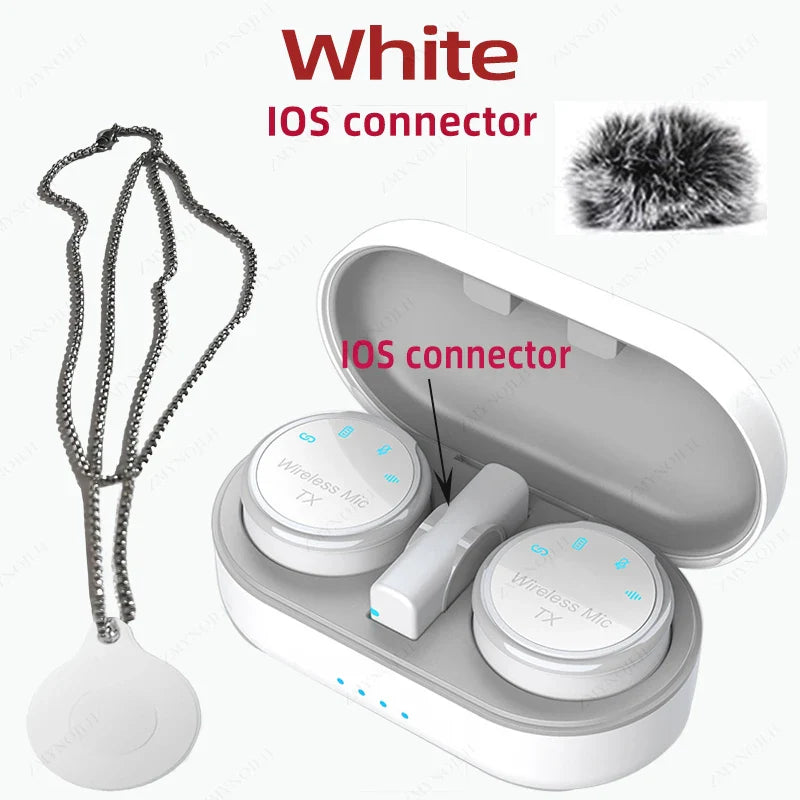 White magnetic wireless lavalier microphone transmitter set with microphone noise canceling and necklace windproof cap in charging case