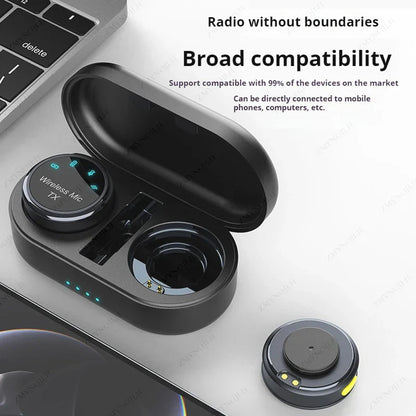 Black magnetic wireless lavalier microphone with noise canceling and necklace windproof cap inside matching charging case