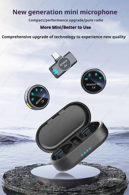 Black magnetic wireless lavalier microphone noise canceling transmitter and receiver set with glowing blue led indicators for recording