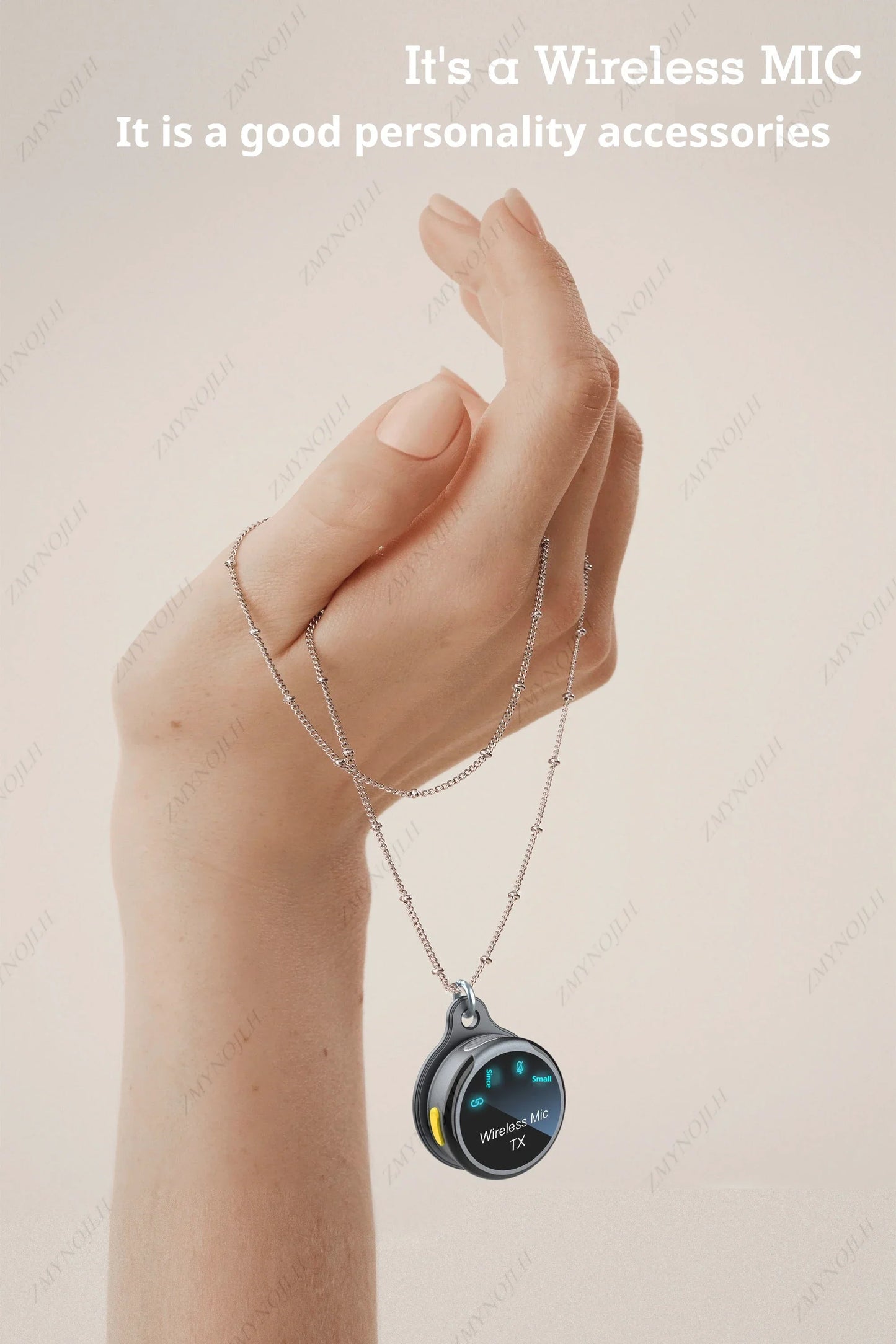 Silver-toned magnetic wireless lavalier microphone pendant with circular digital display and microphone noise canceling features