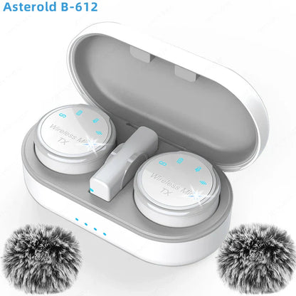 White asterold b-612 magnetic wireless lavalier microphone noise canceling earbuds in sleek case with necklace windproof cap