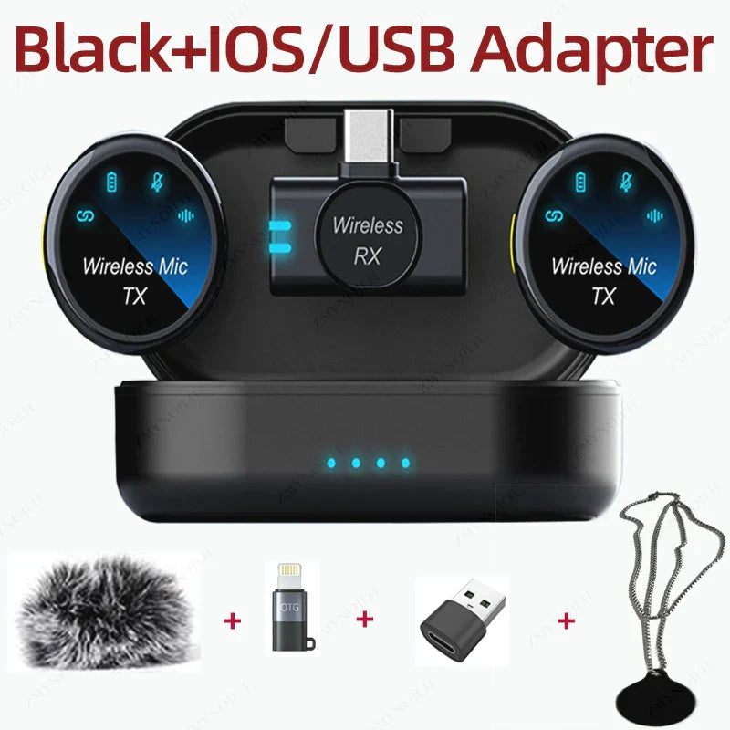 Black magnetic wireless lavalier microphone noise canceling system with necklace windproof cap and battery bluetooth displays