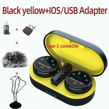 Black and yellow magnetic wireless lavalier earbuds in an oval charging case with type-c connector for noise canceling audio recording