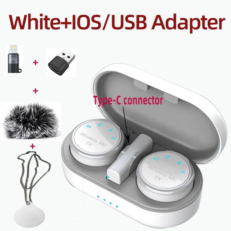 White magnetic wireless lavalier microphone noise canceling system with two circular tx units in oval charging case for smartphone