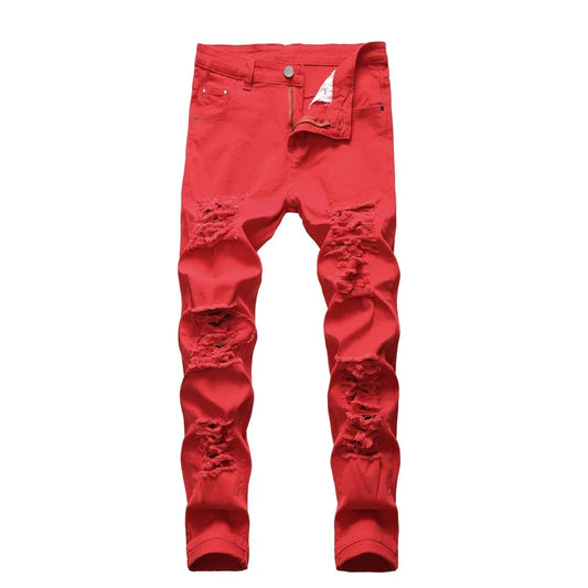 New Men Ripped Jeans Red Hip Hop Holes Slim Denim Pants Punk Streetwear Versatile Stretch Wash Solid Casual Slim Pencil Trousers