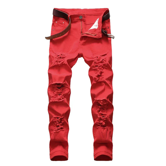 New Men Ripped Jeans Red Hip Hop Holes Slim Denim Pants Punk Streetwear Versatile Stretch Wash Solid Casual Slim Pencil Trousers