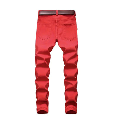 Red slim fit men ripped jeans with hip hop holes and a dark brown belt in versatile stretch denim pants