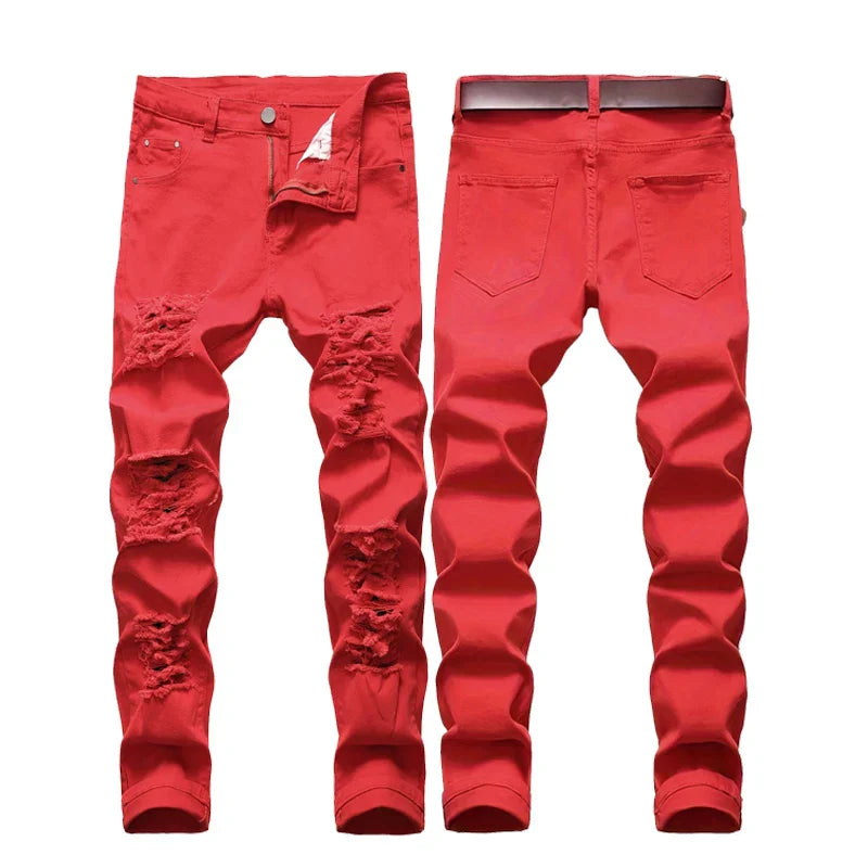 Vibrant red distressed slim fit men ripped jeans with ripped knee details made of stretch denim for casual wear
