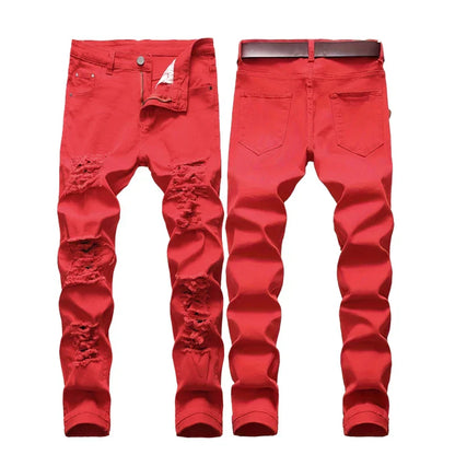 Vibrant red distressed slim fit men ripped jeans with ripped knee details made of stretch denim for casual wear
