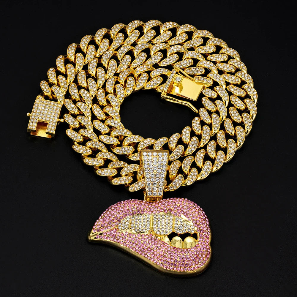 Gold-colored 13mm crystal cuban link chain with pink clear crystal lip pendant and gold teeth women hip hop necklace