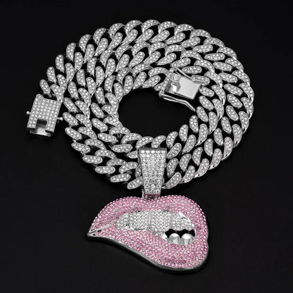A women hip hop bling hiphop necklace featuring a sparkling silver 13mm crystal cuban chain with a pink lip pendant