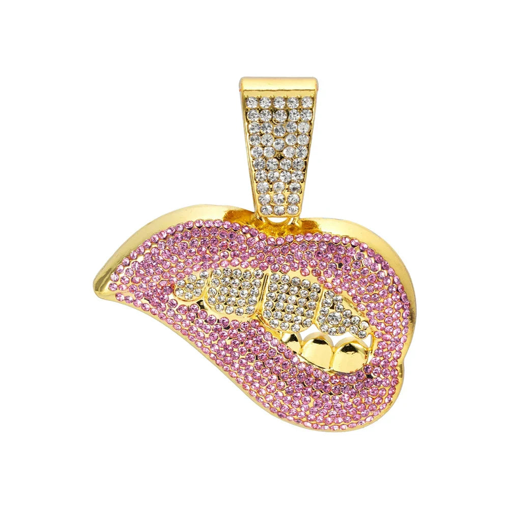 Gold-plated women hip hop bite lip shape pendant with pink rhinestones and diamond teeth on 13mm crystal Cuban chain bling hiphop necklace