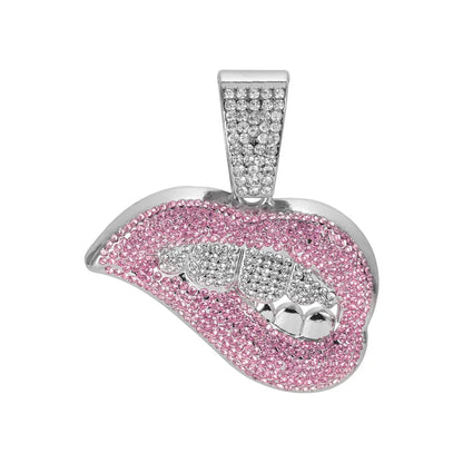 Pink lips pendant with silver rhinestone teeth and diamond-encrusted bail on 13mm crystal cuban bling hiphop necklace for women hip hop