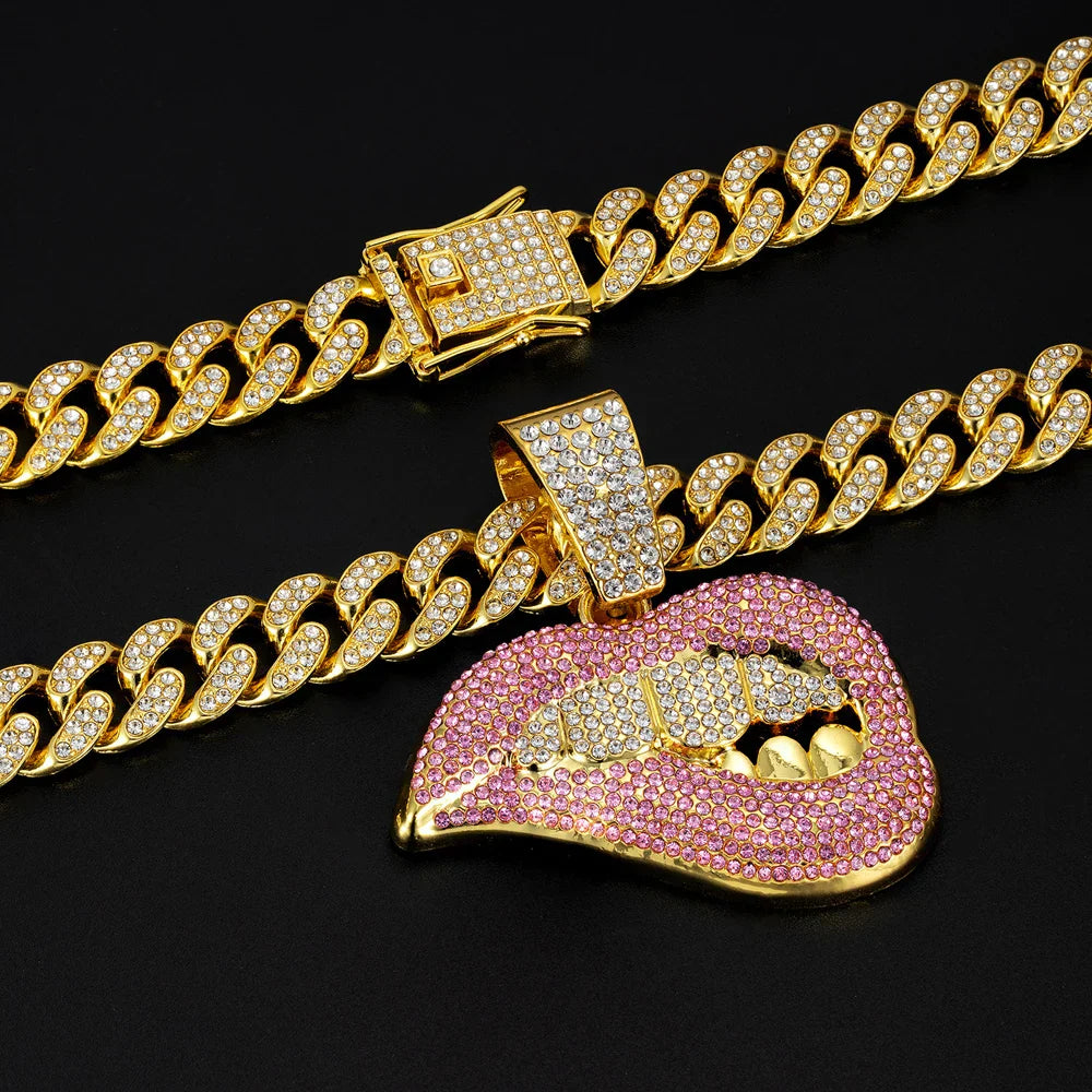 Gold-colored women hip hop lip pendant necklace with pink clear crystals and 13mm crystal cuban chain bling hiphop necklace