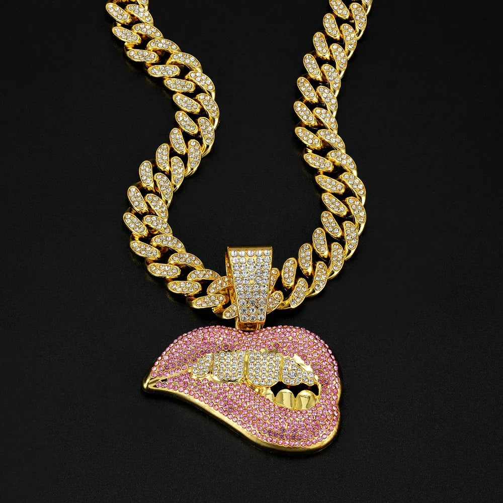 Gold chain necklace with pink and clear crystal lips pendant featuring gold teeth 13mm crystal cuban bling hiphop necklace for women hip hop