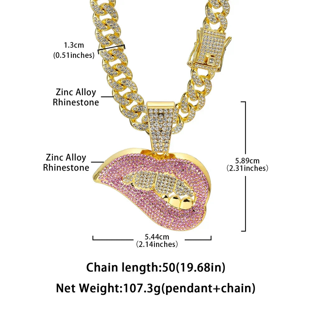 Gold-colored women hip hop lip pendant necklace with pink rhinestones and 13mm crystal Cuban bling hiphop chain