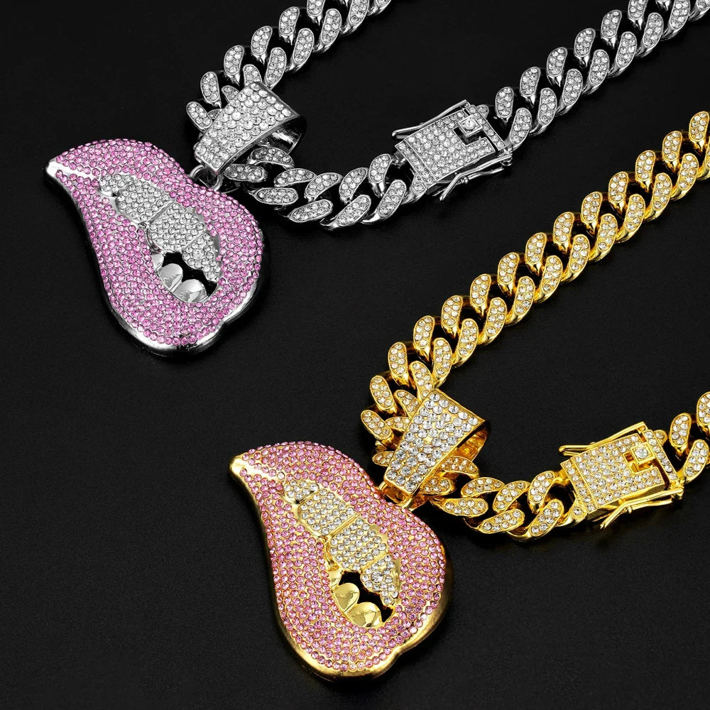 Pink and gold diamond-encrusted lip pendant necklace with silver-toned 13mm crystal cuban chain bling hip hop necklace