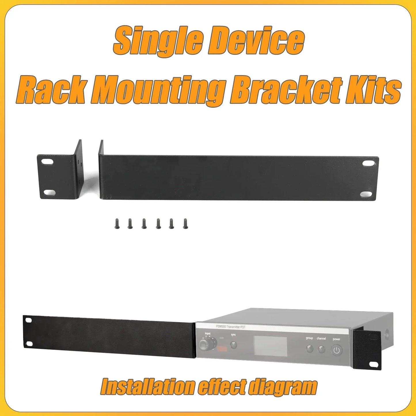 Black metal rack mounting bracket kit with screws installed on silver shure psm300 wireless monitoring receiver unit