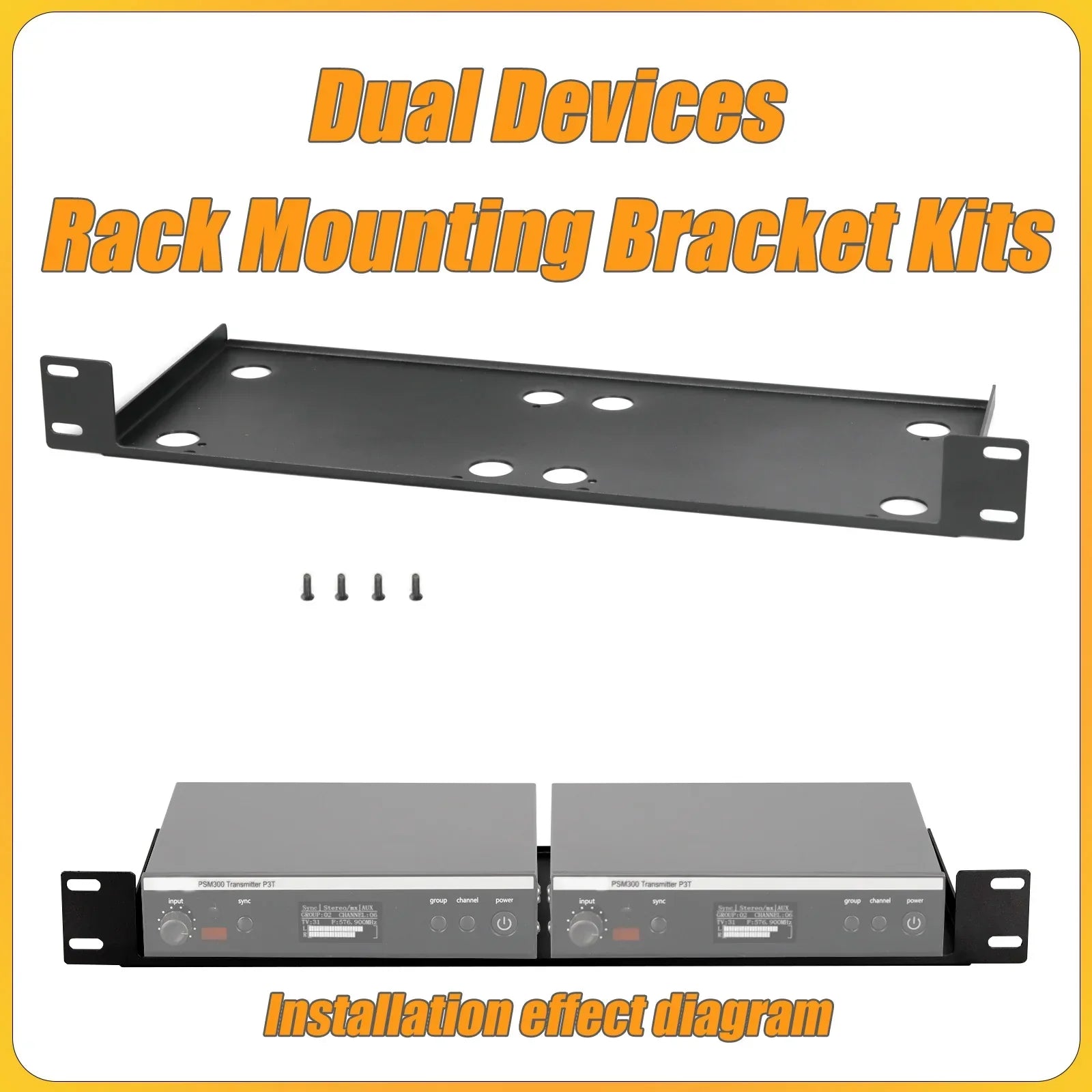 Black metal mounting bracket rack kit with four screws for shure psm300 wireless monitoring system receiver