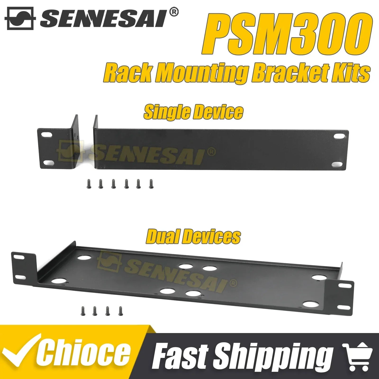 Black metal mounting bracket rack kit by senesai for shure psm300 wireless monitoring single and dual device options with screws