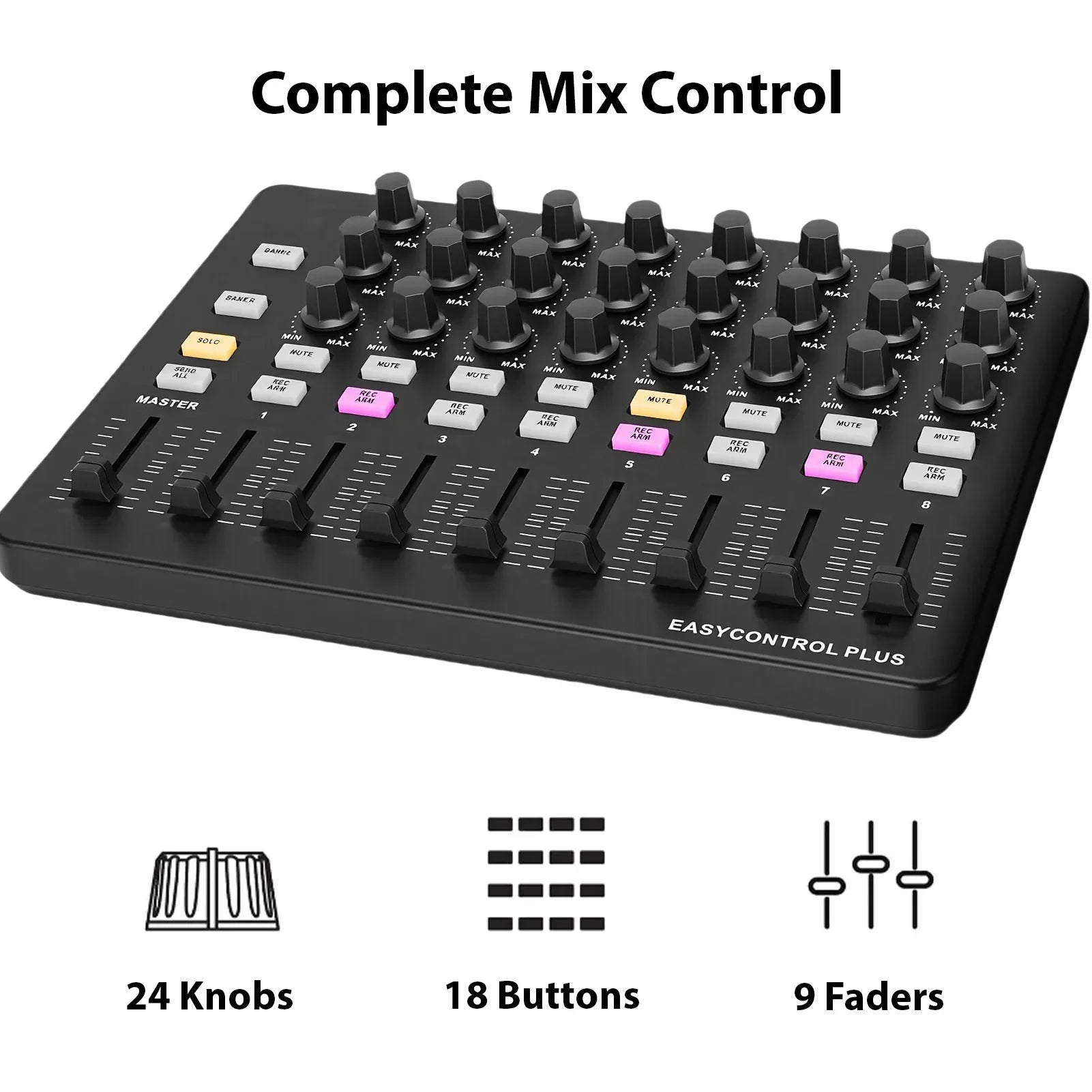 Black easycontrol plus portable midi controller with 24 knobs 18 white and pink buttons and 9 faders for controller music creation