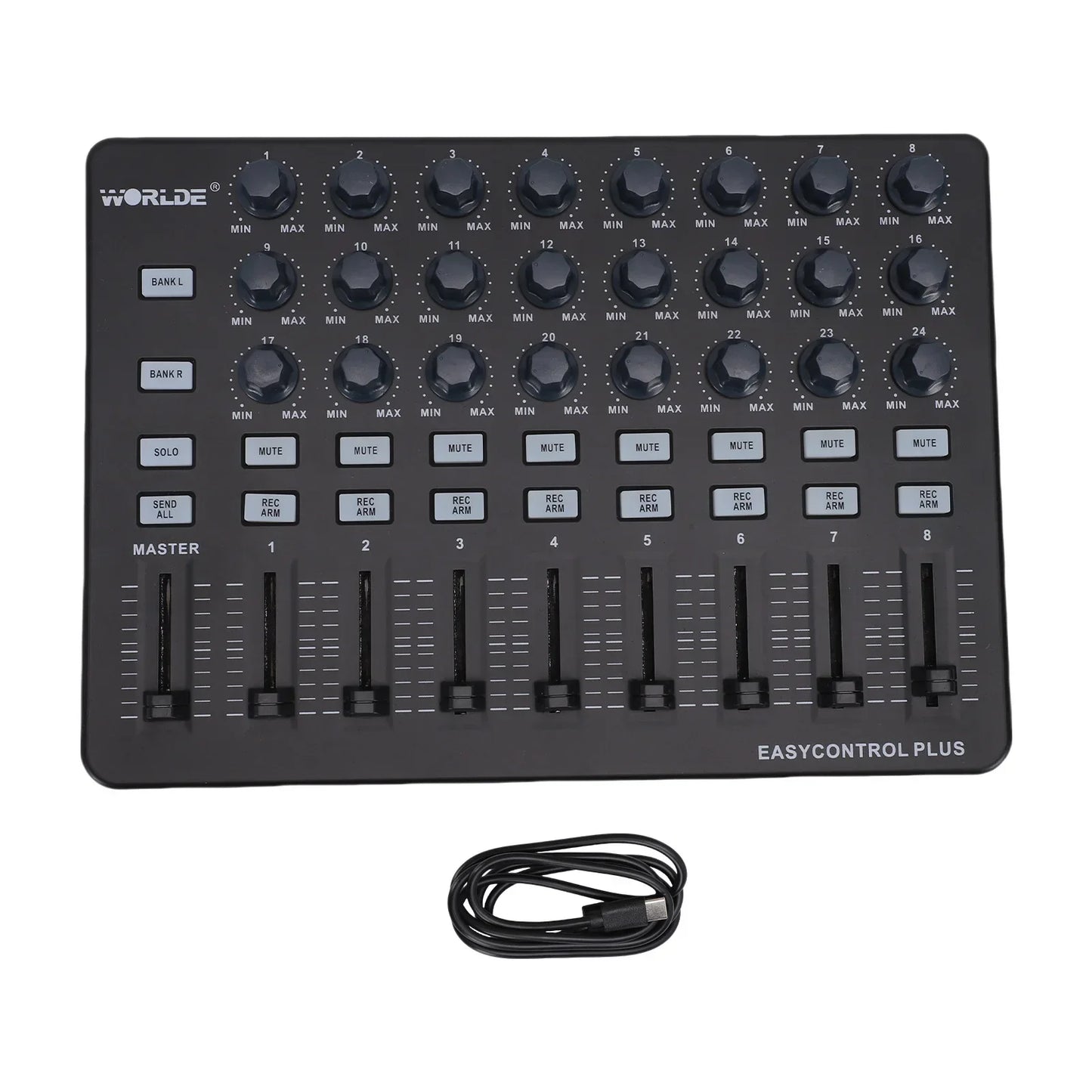 Black world easycontrol plus audio mixer with 8 channels featuring knobs and faders as a portable midi controller creation tool control