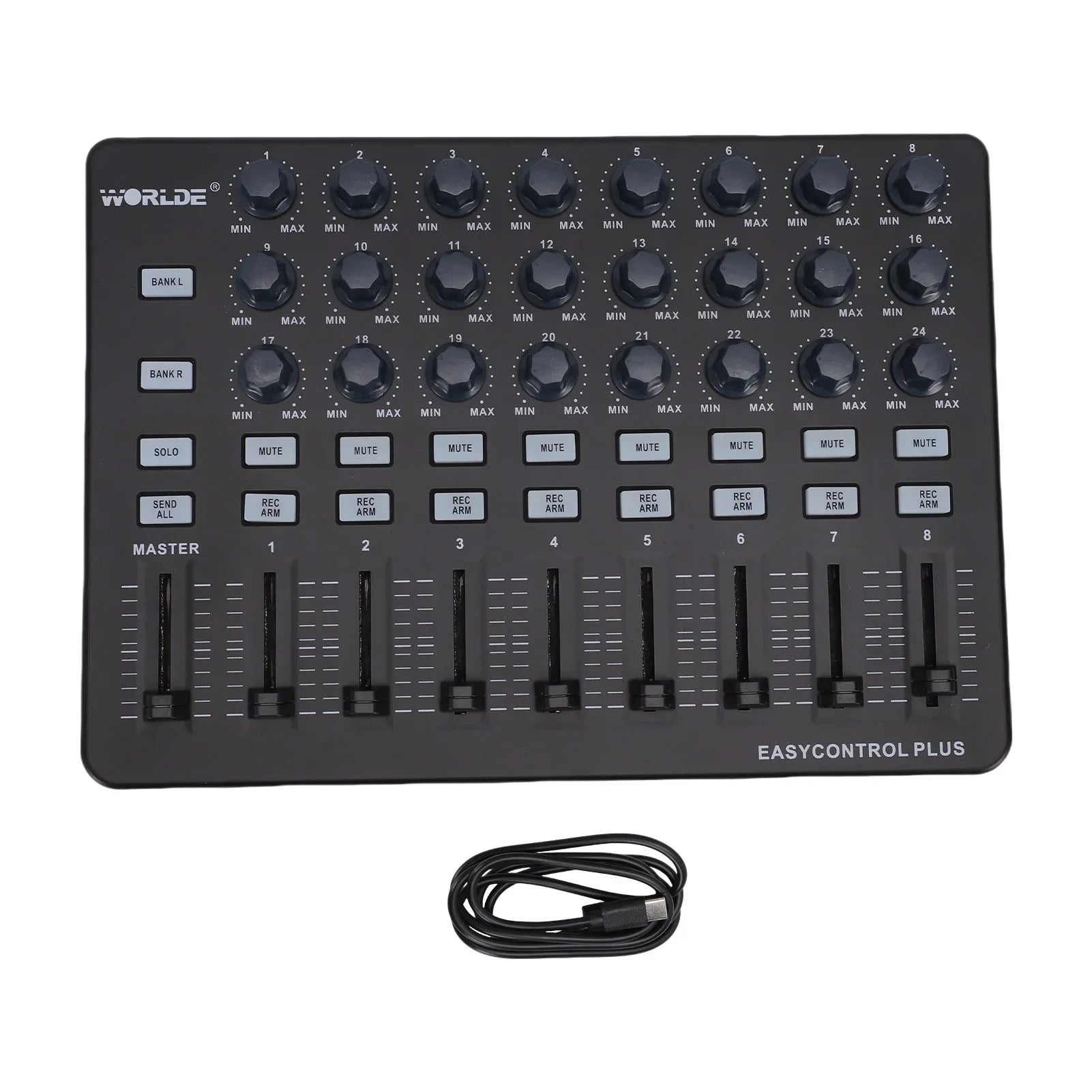 Black world easycontrol plus audio mixer with 8 channels featuring knobs and faders as a portable midi controller creation tool control