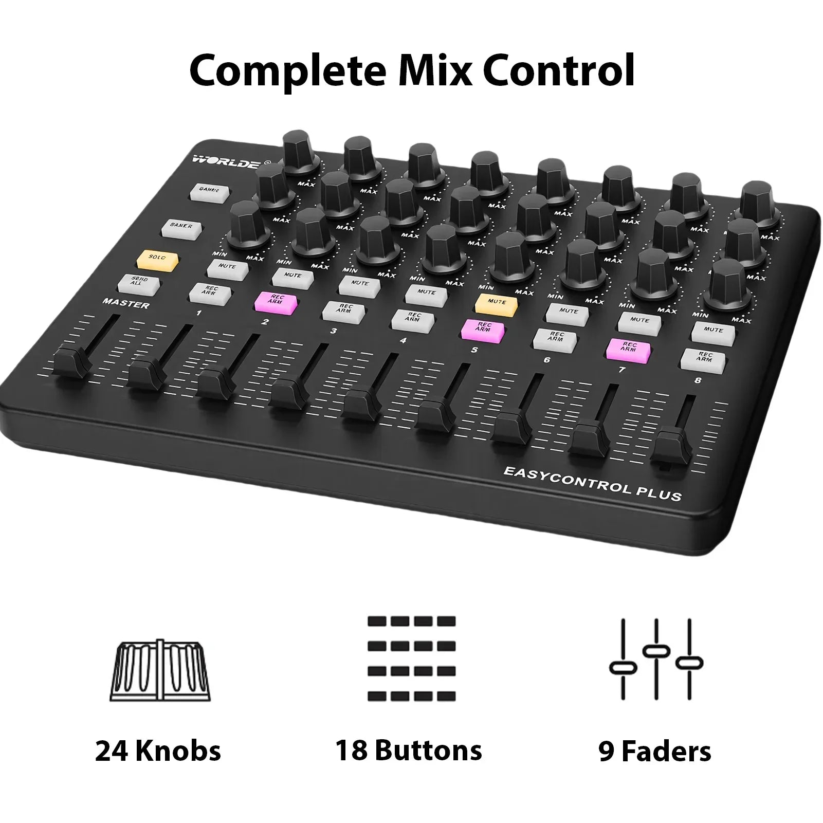 Black world easycontrol plus portable midi controller with 24 knobs 18 buttons pink yellow accents and nine faders for creation tool control