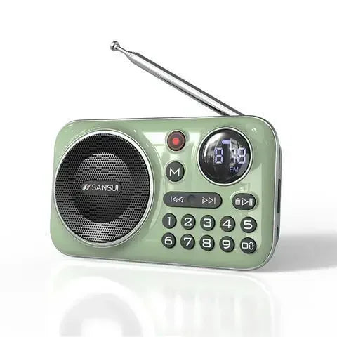 Mint green sansui mini radio speakers with digital display and numeric keypad as outdoor portable soundbox with bluetooth