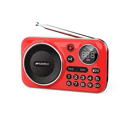 Red plastic mini radio speakers with black grille, digital display, and silver antenna for outdoor portable soundbox use