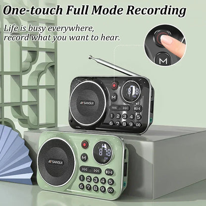 Black and mint green sansui mini radio speakers outdoor with digital display antenna numeric keypad portable soundbox