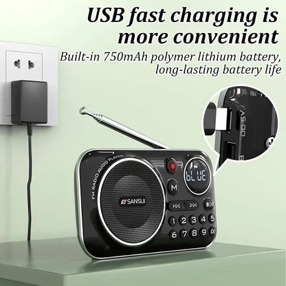 Black sansui fm mini radio speaker with silver antenna and numeric keypad for outdoor portable soundbox use