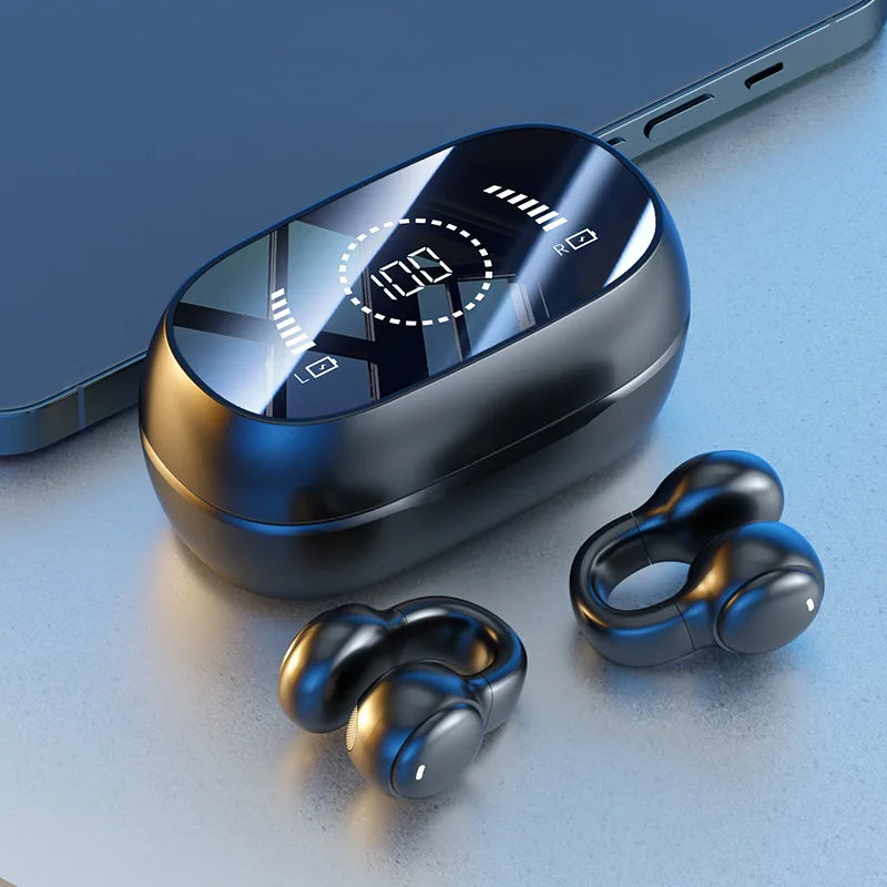 Black glossy wireless bluetooth headphones with silicone ear clip design and digital display charging case for sports use