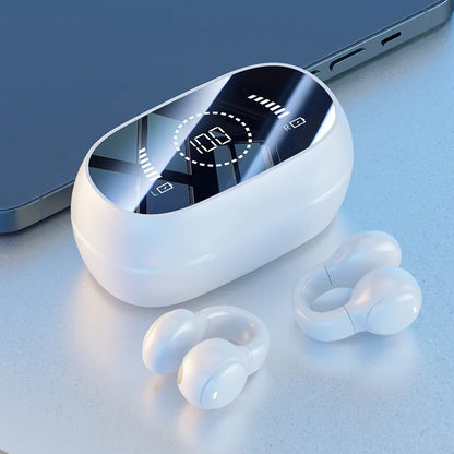White silicone ear clip wireless bluetooth headphones with noise reduction and mirror-style digital display case