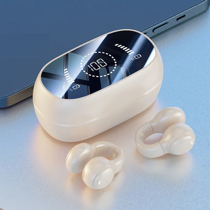 Cream-colored silicone ear clip wireless bluetooth headphones with glossy finish and digital display charging case for sports