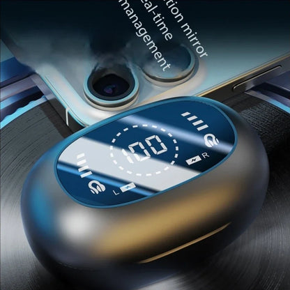 Blue and silver silicone ear clip wireless bluetooth headphones charging case with digital battery display for sports use