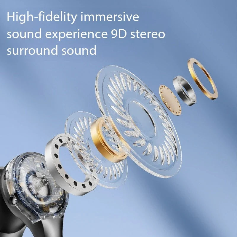 Clear transparent speaker driver with gold and silver metallic accents on silicone ear clip wireless bluetooth headphones