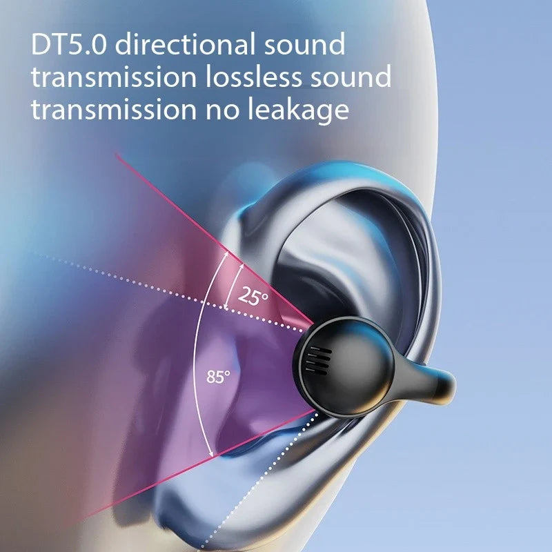 Black wireless bluetooth headphones with silicone ear clip featuring ergonomic design for directional sound transmission