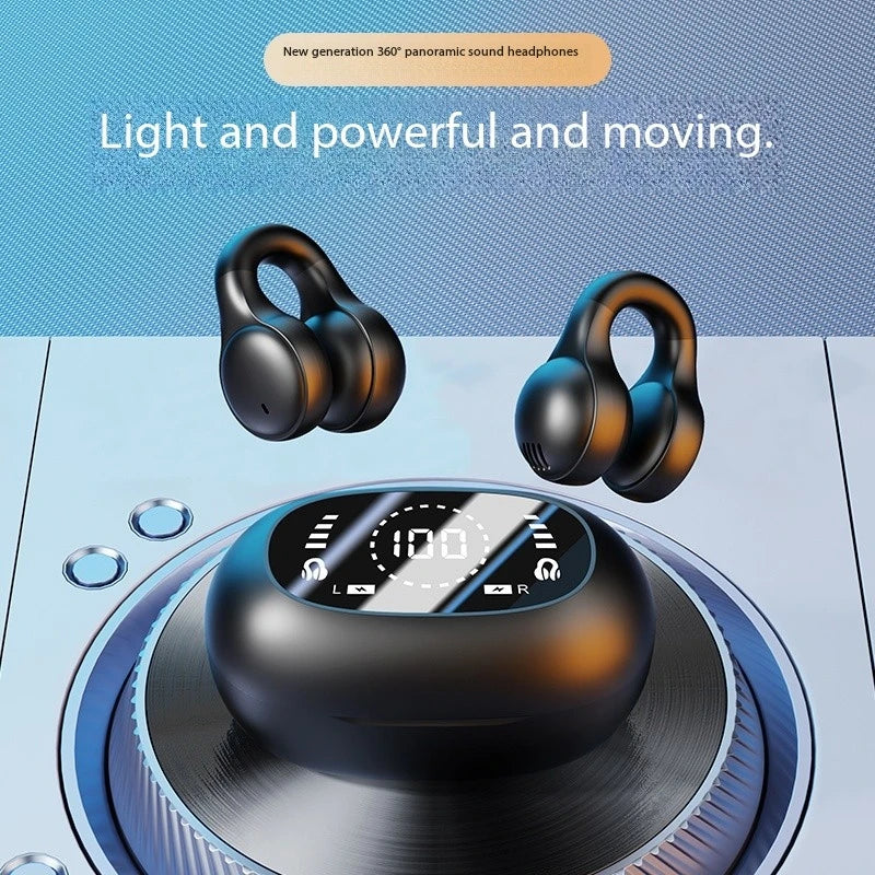 Black wireless bluetooth headphones with silicone ear clip noise reduction in an oval charging case with digital display